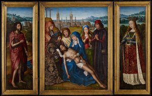 Beweinung mit dem Heiligen Johannes dem Täufer und der Heiligen Katharina von Alexandria von Master of Legend of Saint the Lucy